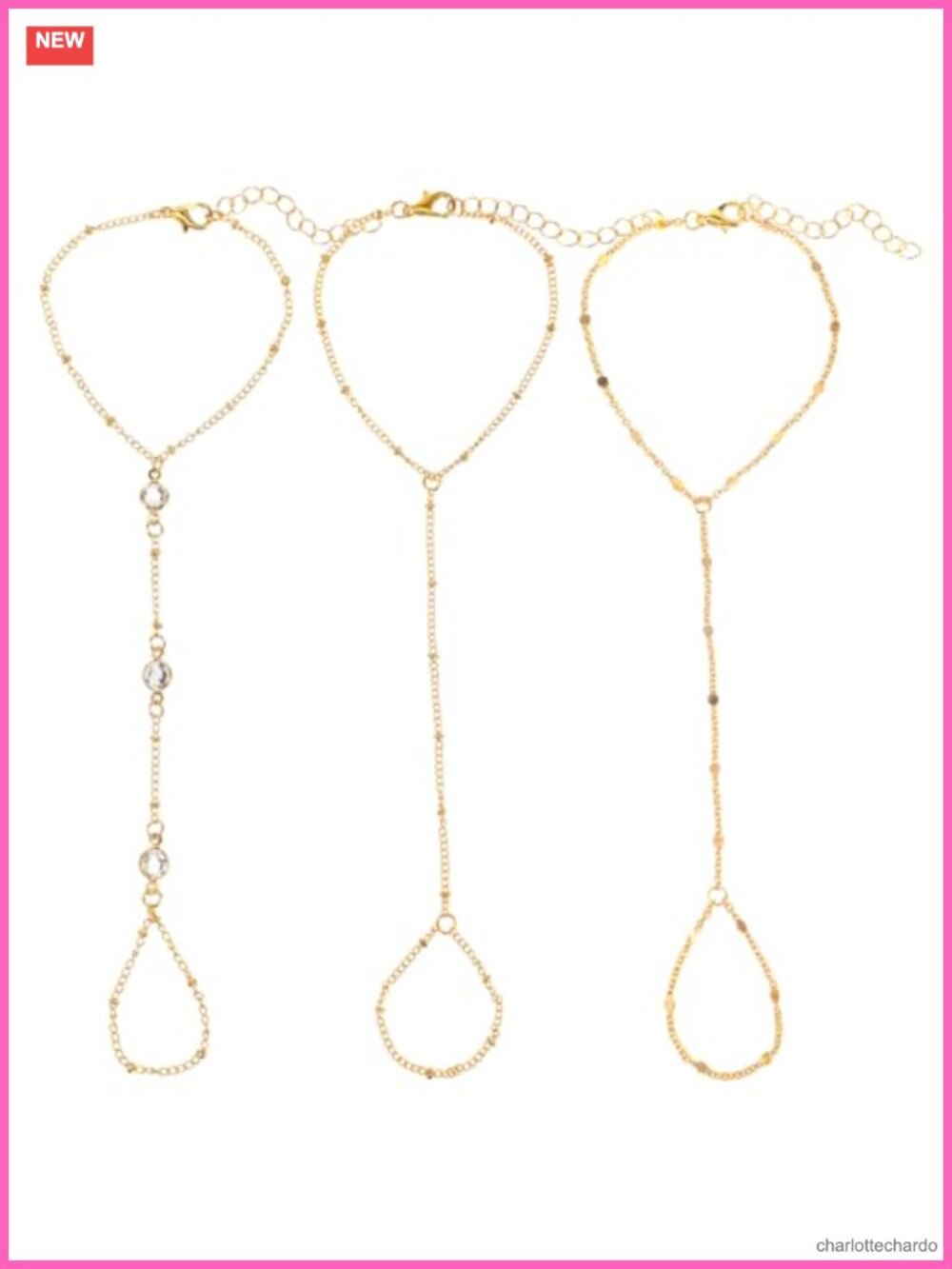 3Pc Gold Hand Chain Bracelet Set Adjustable Dainty Stack Ring Cuff Women Jewelry